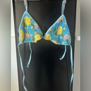 Aerie Blue and Yellow Floral Crinkle Bikini Top